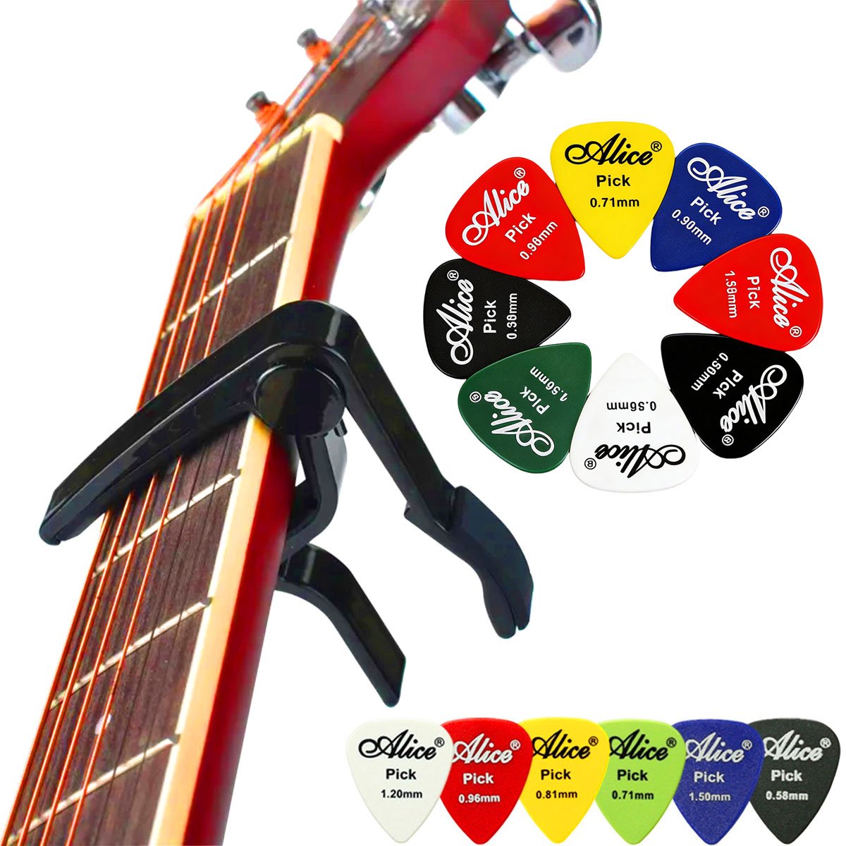 Electric Guitar Pick Pack - คาโป้กีตาร์แบบเปลี่ยนเร็วโลหะผสมสีดำพร้อมปิ๊ก 6 ชิ้น - การควบคุมที่แม่นยำสำหรับกีตาร์อะคูสติกและไฟฟ้า ZSY